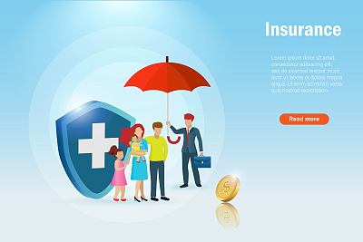 拥有医疗盾保险的家庭。保险代理人撑着红伞保护大家庭。为家庭提供医疗保健计划保护的概念。