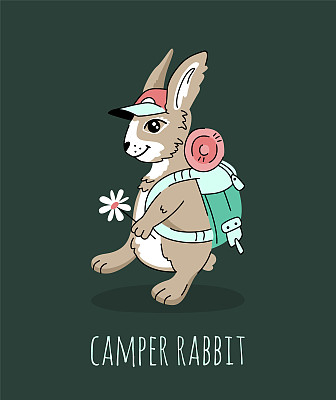 背着背包散步的兔宝宝露营者。关于旅游主题的有趣矢量插图。t恤打印。