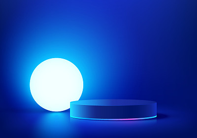 抽象闪亮的蓝色圆柱基座基座。带有发光球霓虹灯照明的科幻蓝色抽象房间概念。矢量渲染三维形状，产品展示展示。未来的场景。