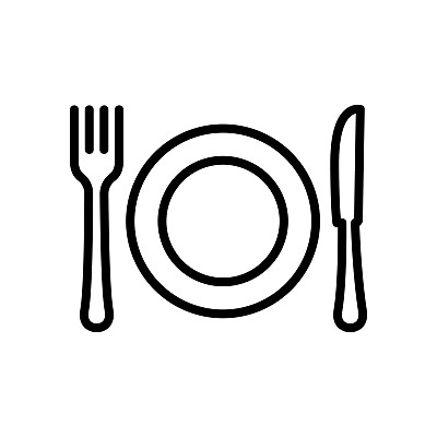 餐刀餐叉银器标志。餐具咖啡馆食物午餐平面标志。餐厅金属餐具餐具线象形。叉刀盘黑色轮廓图标。孤立的矢量图