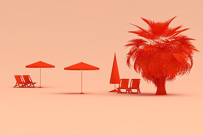 夏天的概念，红棕榈树躺椅和雨伞