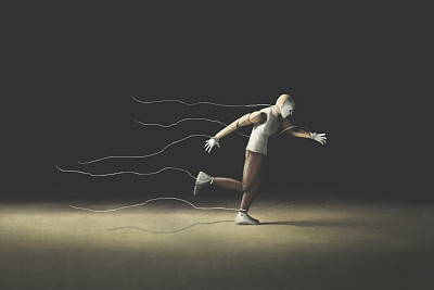 远处奔跑的木偶画，超现实抽象的自由概念