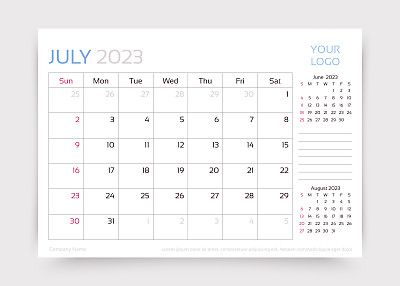 2023年7月。办公桌每月计划模板。矢量插图。