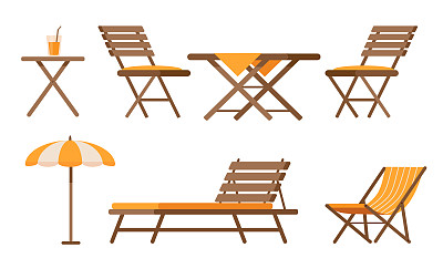 一套夏日露台的家具。餐厅或咖啡馆的木制桌子，椅子，躺椅和伞海滩度假。