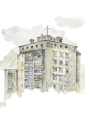 1980年代的架构。城市贫民窟。高层建筑。现代的废墟。黑色钢笔和水彩插图。