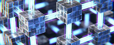 横幅区块链的概念。数字区块相互连接，形成一个加密链。块或立方体，连接由数字组成。抽象的技术背景。3 d渲染。