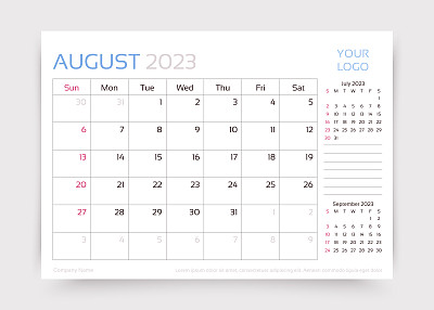 日历为2023年8月。办公桌每月计划模板。矢量插图。