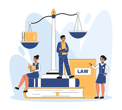 法律与公正法律服务工作者、律师、公证人的概念。律师诉讼问题，人们用法律主体和正义尺度矢量平插图。正义的场景