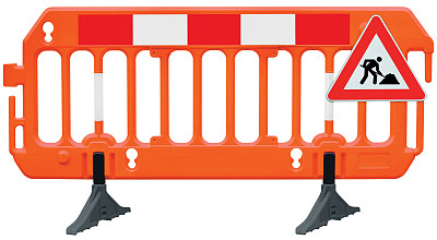 障碍物绕行屏障护栏路况路障，橘红色和白色发光停止信号，道路工程标志，接缝隔离特写，横向交通安全栏杆警示标志，大型详细临时进入改道，全新PVC块