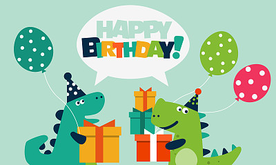 生日快乐-可爱的矢量卡与有趣的恐龙。可爱的霸王龙