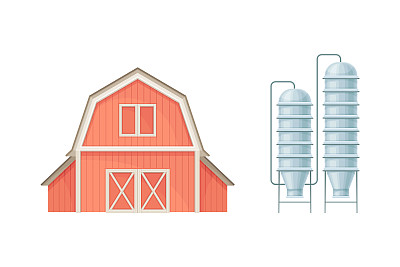 红色谷仓农舍和筒仓仓库，农业建筑矢量插图