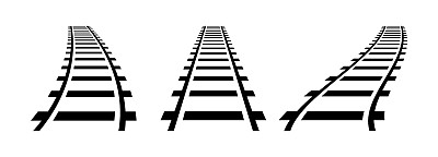 矢量插图曲线铁路孤立在白色背景。直线和曲线铁路列车轨道图标集。透视视图铁路列车路径。