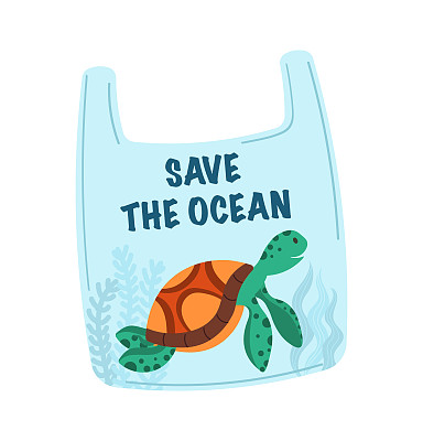 拯救海洋。停止塑料污染。塑料袋里装着海底世界，海洋动物。海洋环境问题，生态。矢量插图。