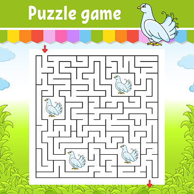 方形迷宫。游戏对孩子。对儿童拼图。迷宫难题。颜色向量插图。找到正确的道路。孤立的矢量图。卡通人物。