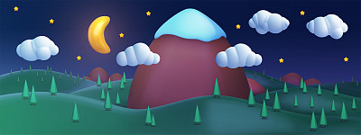 3d逼真卡通全景夏夜景观背景与大山和雪峰，云，月亮在黑暗的天空。可爱的孩子自然环境构成。矢量插图。