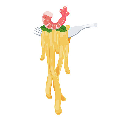 用叉子叉着虾的意大利面。意大利菜。
