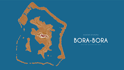 波拉波拉社会群岛地形图，法属波利尼西亚，太平洋。海岛矢量详细高程图。地理优美的山水轮廓海报。
