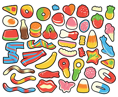 收集彩色卡通软糖和果冻糖果。孤立的手绘矢量插图。