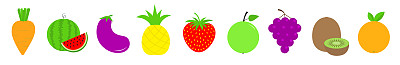 水果蔬菜浆果食品图标设定线。胡萝卜，西瓜，茄子，菠萝，草莓，苹果，葡萄，猕猴桃，橙子。可爱的卡通卡哇伊装饰元素。平面设计。白色背景。