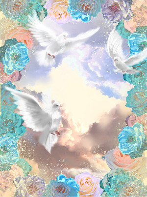 美丽的蓝天和粉彩云彩背景和白鸽在闪耀的天光背景插图飞行。