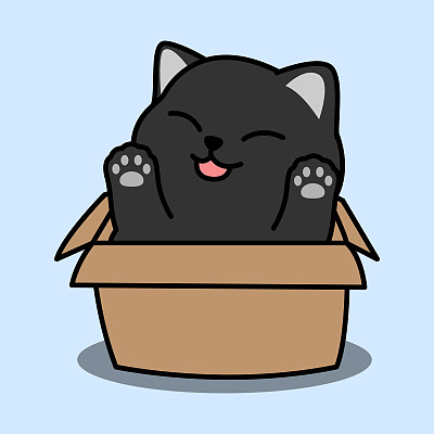有趣的黑猫在盒子卡通，矢量插图