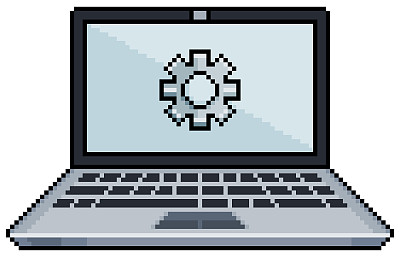 像素美术笔记本电脑与齿轮图标屏幕矢量图标的8位游戏在白色背景