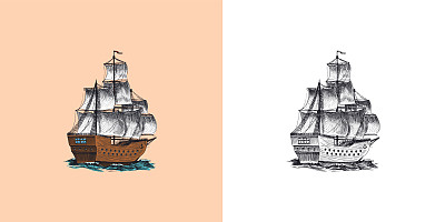 海上帆船，夏日冒险，假期活跃。远洋船只、海船或航海小帆船。海员和船长在海洋中的水运。雕刻手绘复古风格。