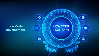 低平台代码。低代码开发技术概念。LCDP简单的编码。六边形网格球体在蓝色背景上线框手。矢量插图。