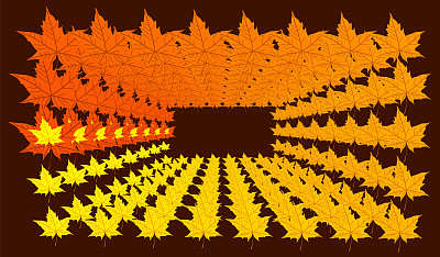 彩色的数字图案落黄橙红色的枫叶孤立在深棕色的背景。明亮的宏碁叶。秋天的颜色模板。海报。传单。卡。矩形的边界框。秋季