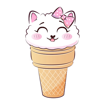 可爱甜美的小猫在冰淇淋里。矢量插图。