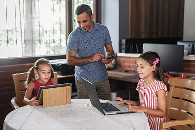 孩子和父亲在家里使用智能手机，笔记本电脑和数字平板电脑，跨设备组概念