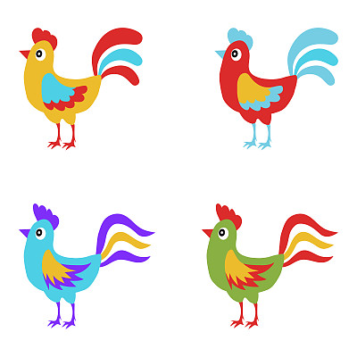 公鸡，一套多色，卡通公鸡孤立在一个白色背景。向量,卡通插图。
