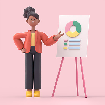 微笑的非洲裔美国女人Coco的3D插图分析市场趋势和规划seo优化，蓝色背景上的3D渲染。