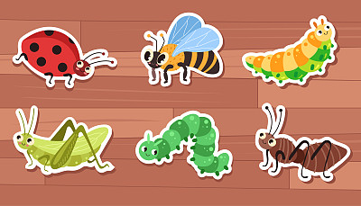 卡通动物昆虫甲虫苍蝇昆虫贴纸隔离集。矢量图形设计插图