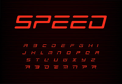 速度字母集。红色自动向量字母表。汽车标题字体。动感风格ABC，运动力量字母和海报模板。排版设计