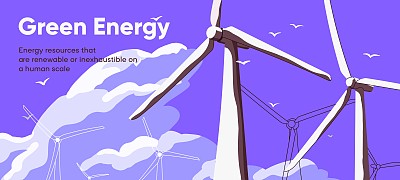 绿色能源登陆网页设计与风车涡轮机。可再生可持续发电站的旗帜背景与生态风力磨坊作为替代电力来源。平面向量插图
