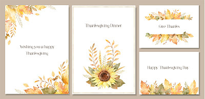 水彩矢量集模板与秋天的叶子。适合婚礼邀请函，感恩节，明信片，封面，传单，海报和更多。