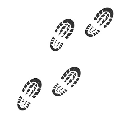 脚步黑色剪影，靴印孤立在白色背景。垃圾摇滚轨道，符号卡通风格。矢量图