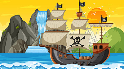 海洋与海盗船在日落时的卡通场景