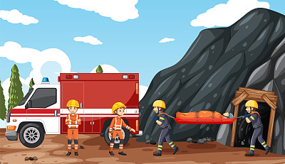 卡通风格的消防队员营救洞穴场景