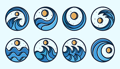 专属套装海浪标志设计。高级集合的标志，符号或波浪图标。创意和极简的海浪Logo模板。现代线条艺术海洋，水，波浪或潮汐标志的灵感