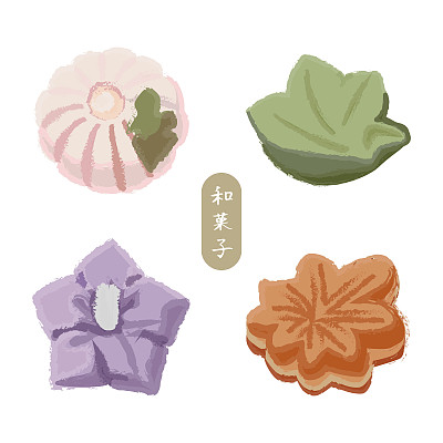 五颜六色的日本糖果，菊花，枫树，鸢尾花和树叶的形状