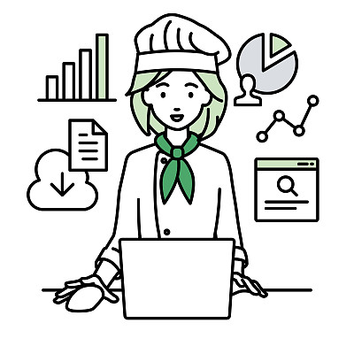 一名女厨师用笔记本电脑浏览网站，研究，在云上共享文件，分析，并在她的办公桌上做报告