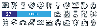 一套27轮廓网络食物图标，如鱼，螃蟹，卷饼，烩饭，牛排，虾，粥，炸薯条矢量细线图标的网页设计，移动应用程序。