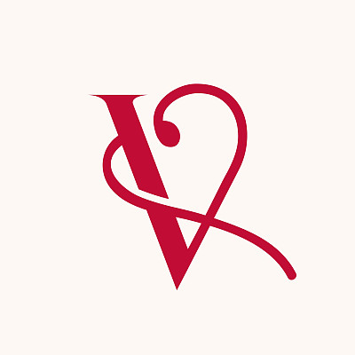 字母V标志。心，爱的概念字母开头。
