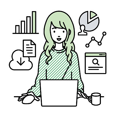 一名穿着休闲风格的女性拿着马克杯坐在办公桌前，用笔记本电脑浏览网站、搜索资料、在云端共享文件、分析和做报告