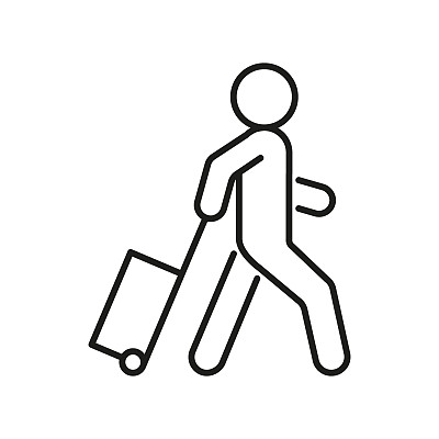 带旅行箱的人，游客，线路图标。度假，旅行带包。向量轮廓标志