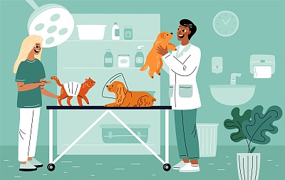 兽医医生的约会。卡通人物和宠物。动物手术。兽医检查病人。小狗检查。兽医医院。猫或狗的治疗。花哨的向量概念