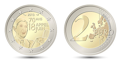 2欧元，法国。1940年6月18日，戴高乐70周年演讲。法国两欧元硬币的正反两面。矢量插图孤立在白色背景上。