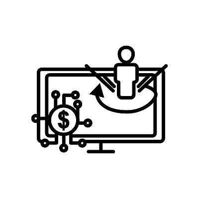 监视器行图标插图与人和美元。与金融科技相关的图标。行图标风格。简单的设计可编辑